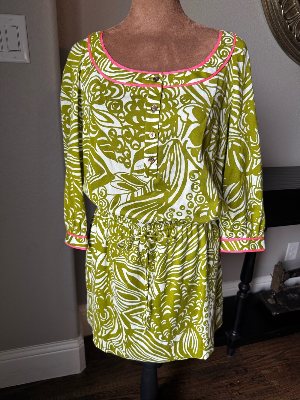 Trina Turk Silk Cotton Blend Shift Dress Adjustable Waist Pink Trim Lined Size 2